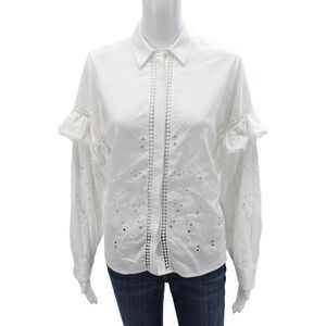 Uterque Women White Cotton Linen Collared Long Sleeve Button Up Blouse Size S